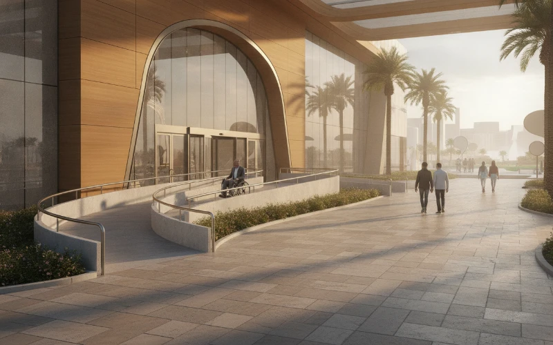 Accessible casino entrance with ramps and clear wide pathways