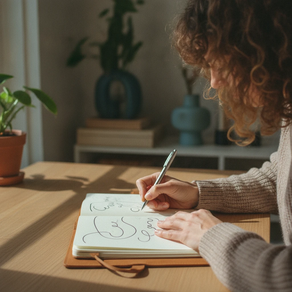 Person writing kinder word choices in a notebook at a desk