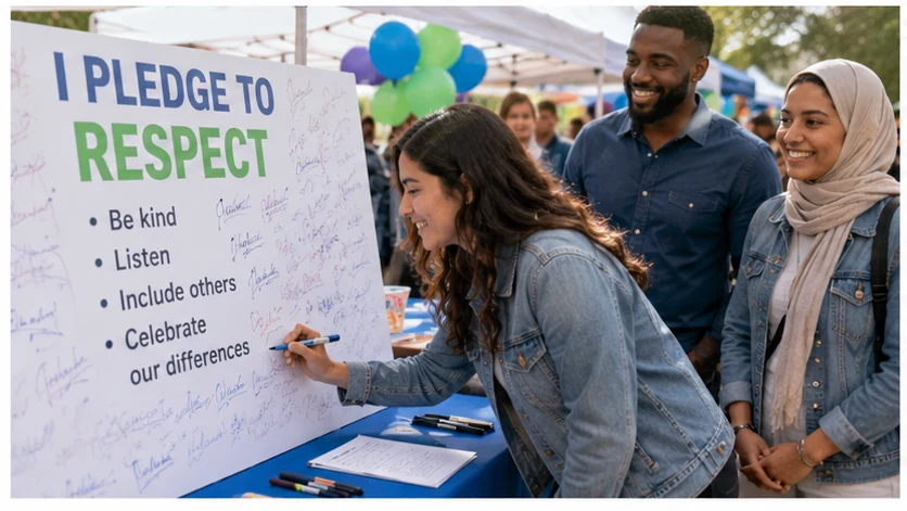 People signing a respect pledge at a community awareness event