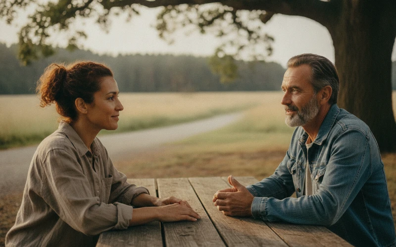 Two friends having a calm and respectful conversation outdoors