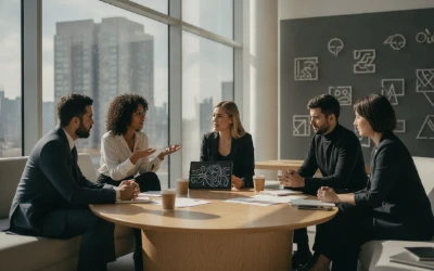 Diverse group of people discussing language in a modern setting