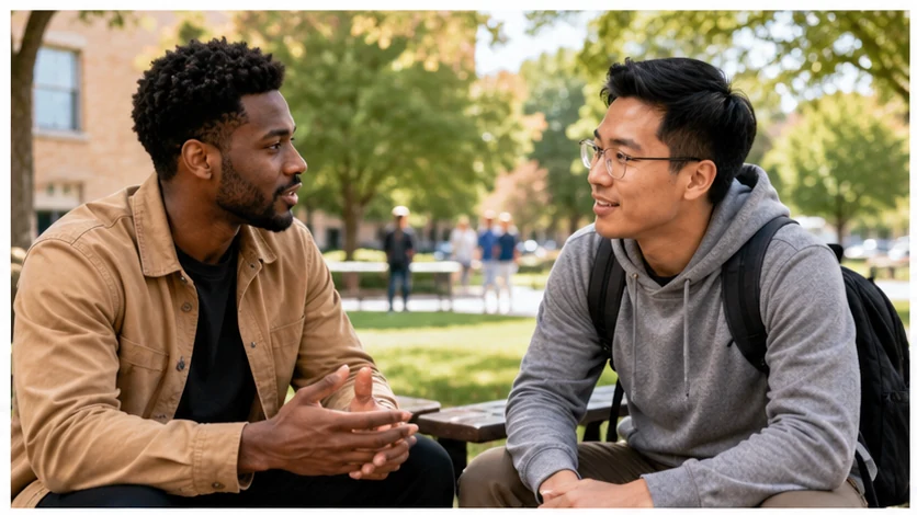 Two friends having a calm, respectful conversation outdoors