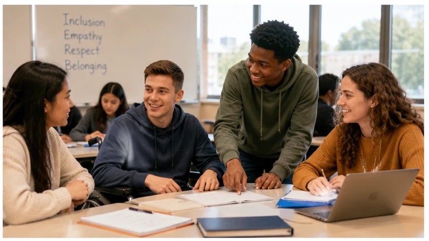 Students supporting a classmate with a disability in an inclusive classroom